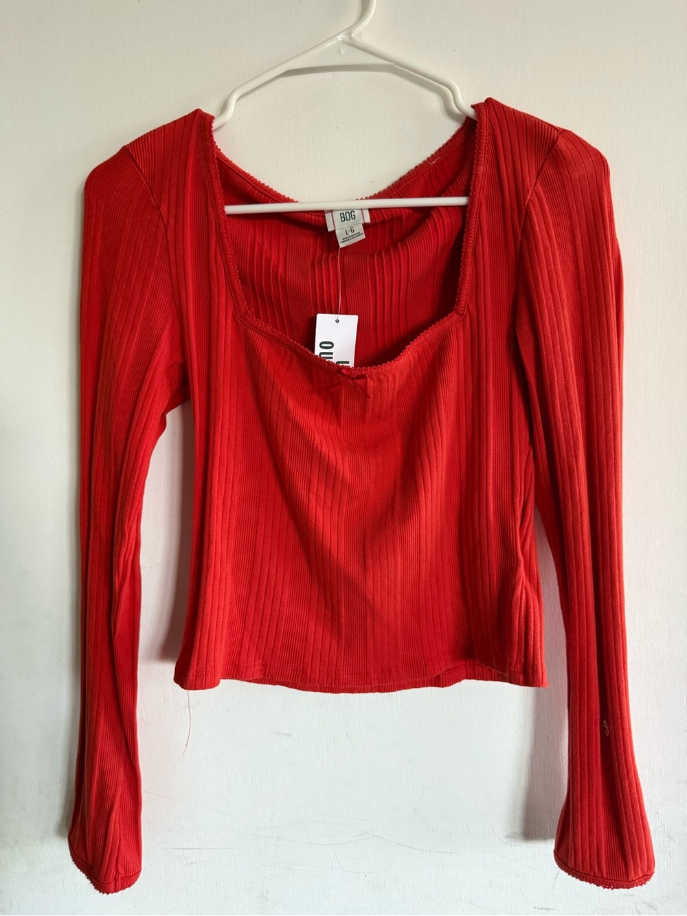 Orangey Red Ribbed Scoop-Neck Long Sleeve Top